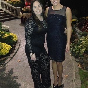 Navy, lace, sequin, part sheer cocktail dress